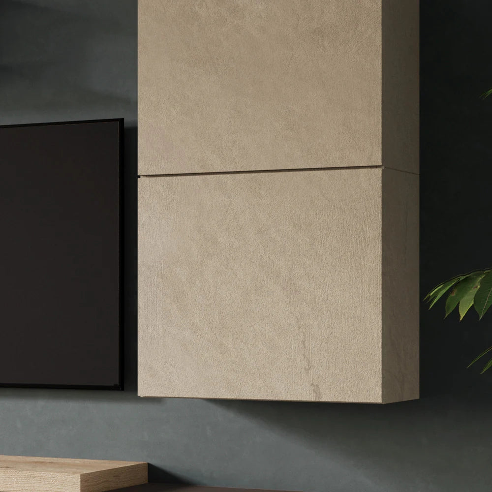Parete Attrezzata Made in Italy Infinity 2A con Mensola "T", Base TV, 2 Cubi con anta, 2 Cubi con vano, Mensola, design moderno per soggiorno, sala da pranzo, cucina, colore Argilla/Bronzo/Cadiz