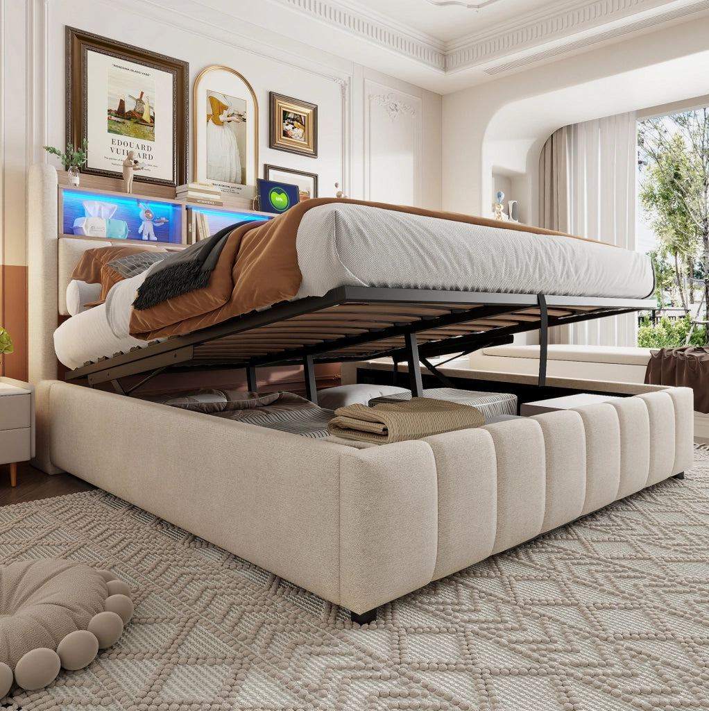 Letto imbottito 180x200 cm con LED; USB e Type-C; contenitore idraulico; testiera con vani; beige