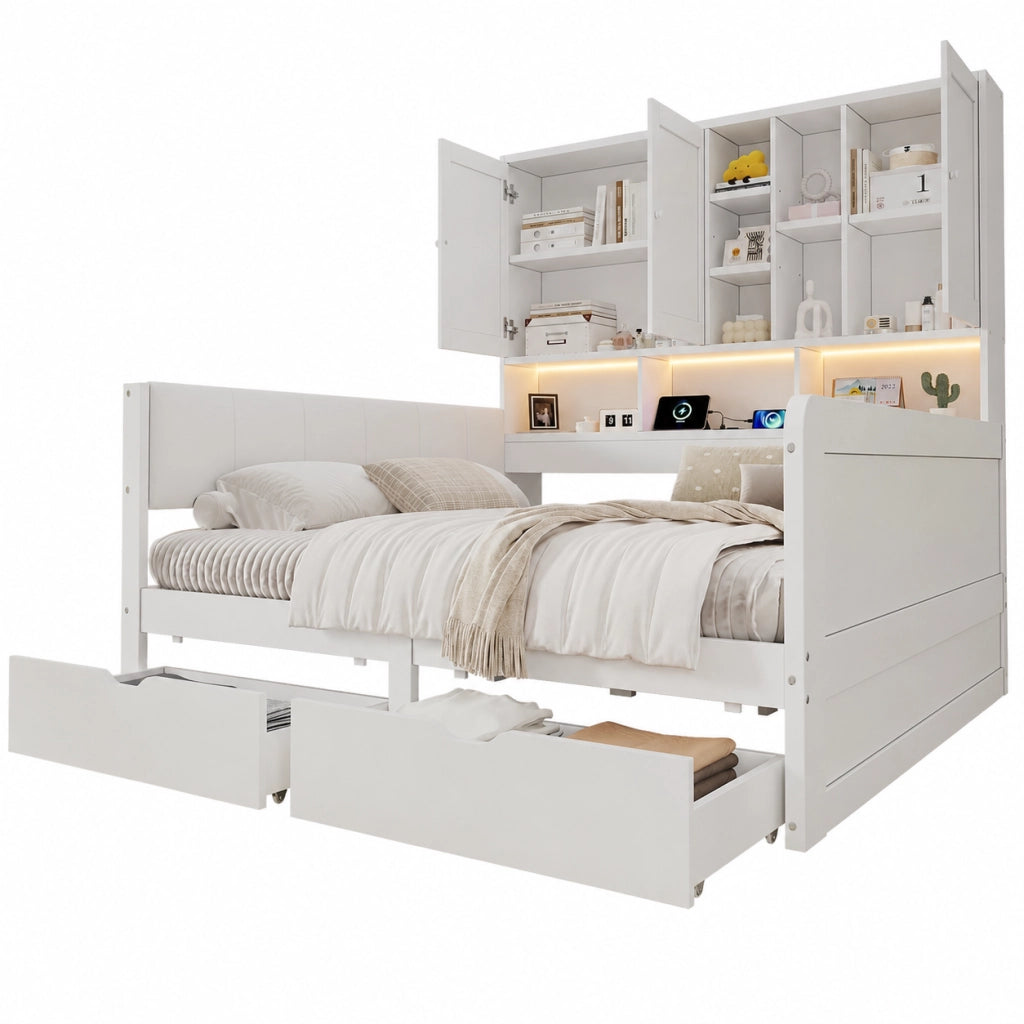 Letto a divano a L 140x200 cm con vani portaoggetti, 2 cassetti, ripiani, LED, presa USB e testiera imbottita in PU, legno bianco