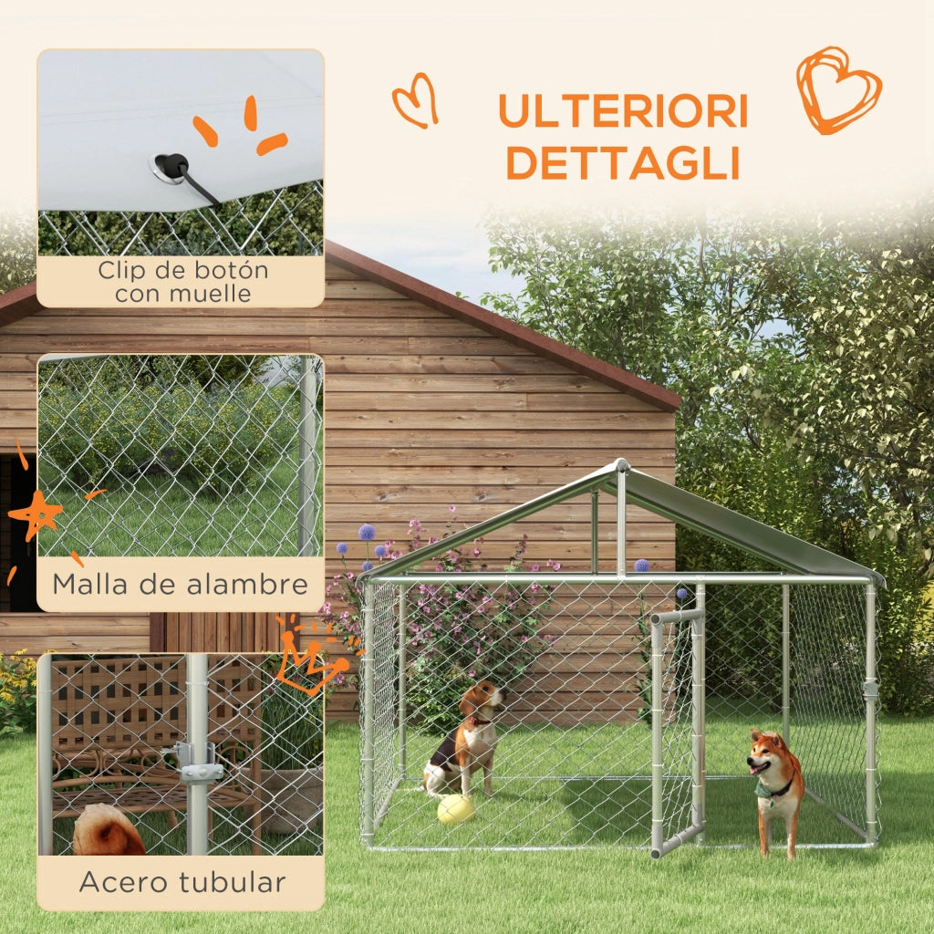 Kennel per Cani da Esterno, Recinto per Animali con Copertura Impermeabile, 200x200x150cm, Argento e Grigio
