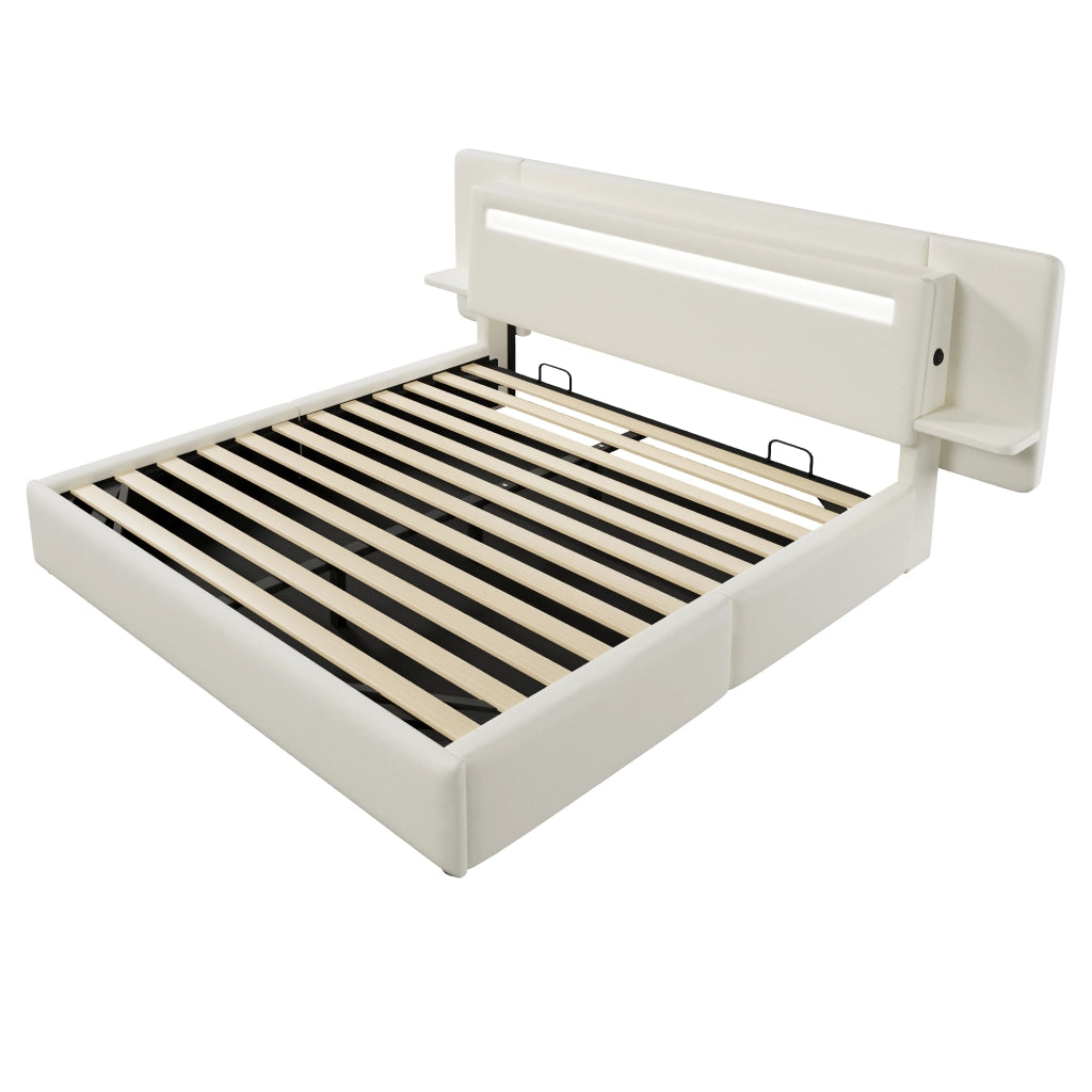 Letto imbottito 180x200 cm in lino beige con contenitore; LED multicolore e presa USB