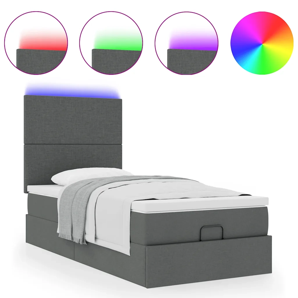 Pouf Letto con Materasso e LED Grigio Scuro 90x200 cm Tessuto 3313893