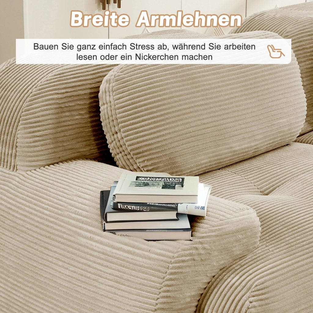 Divano angolare modulare senza montaggio in tessuto a coste beige; design senza struttura