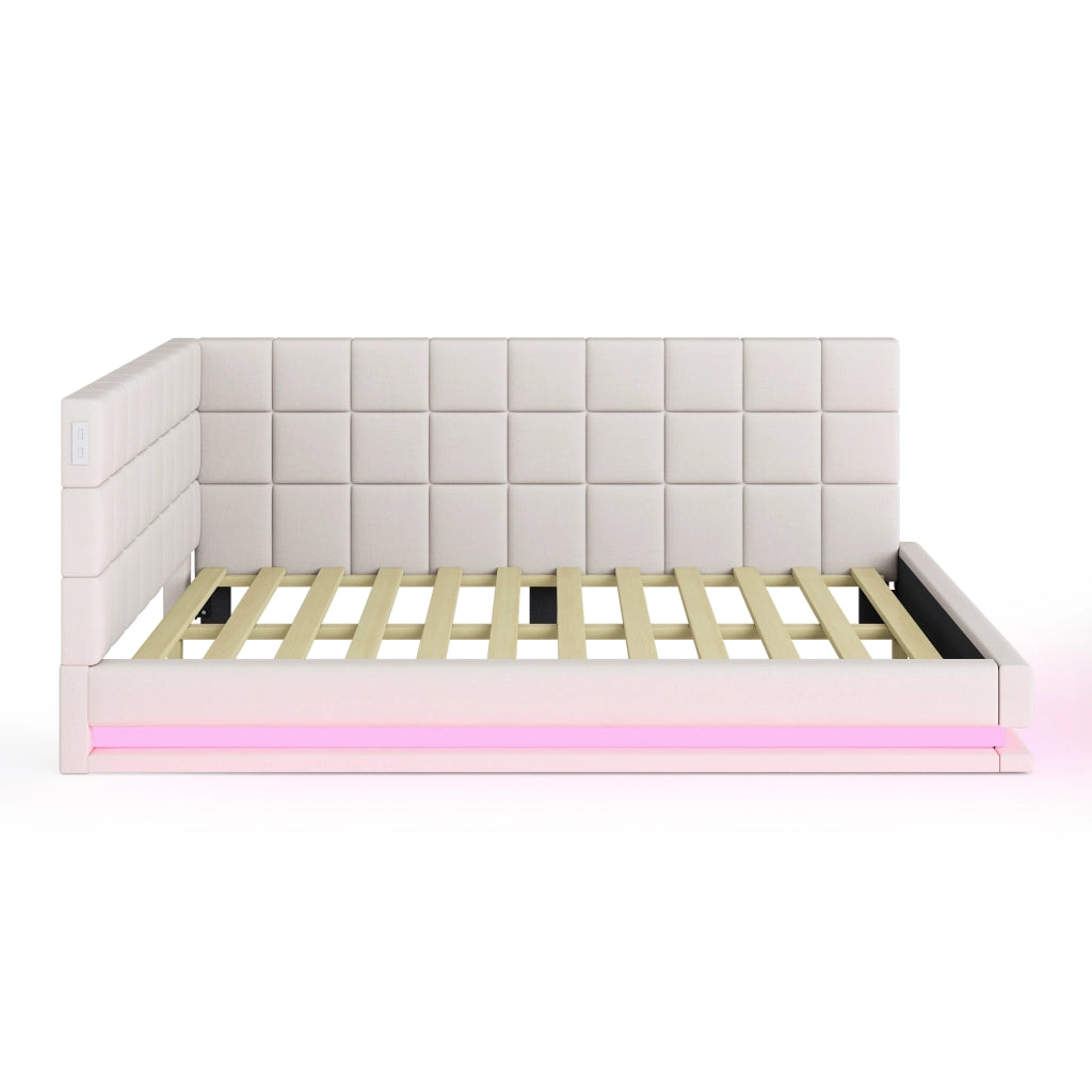 OKWISH Letto Divano 160×200 cm, Letto Matrimoniale con LED Multicolore, USB e Doghe, senza Materasso, in Tessuto Lino, Beige