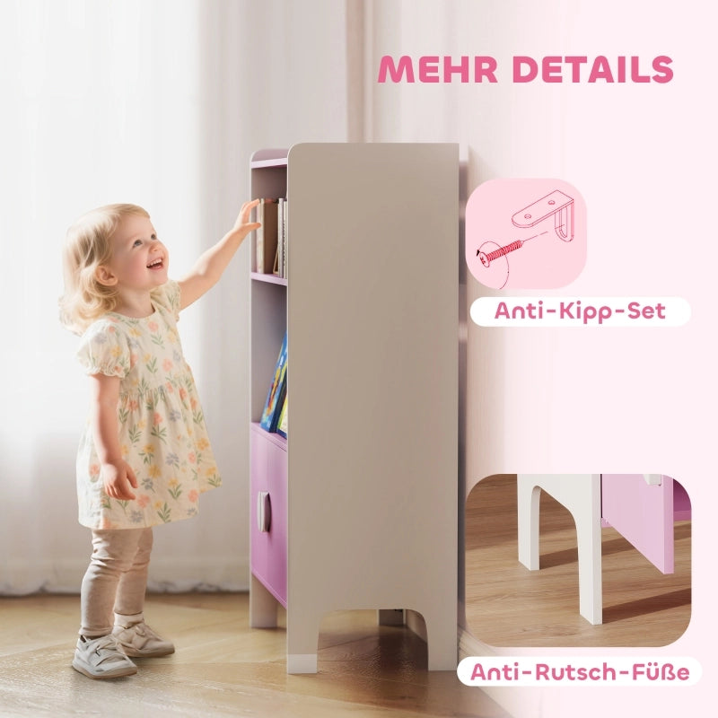 Libreria per bambini, 2 ripiani, 2 ante, autoportante, design antiribaltamento, piedini antiscivolo, MDF, rosa+bianco