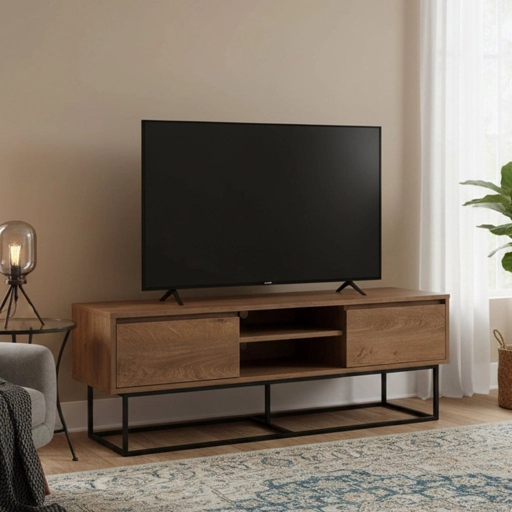 Mobile porta TV Corinna, Credenza da soggiorno, Armadio basso per TV, Base parete attrezzata, 140x40h50 cm, Noce e Nero