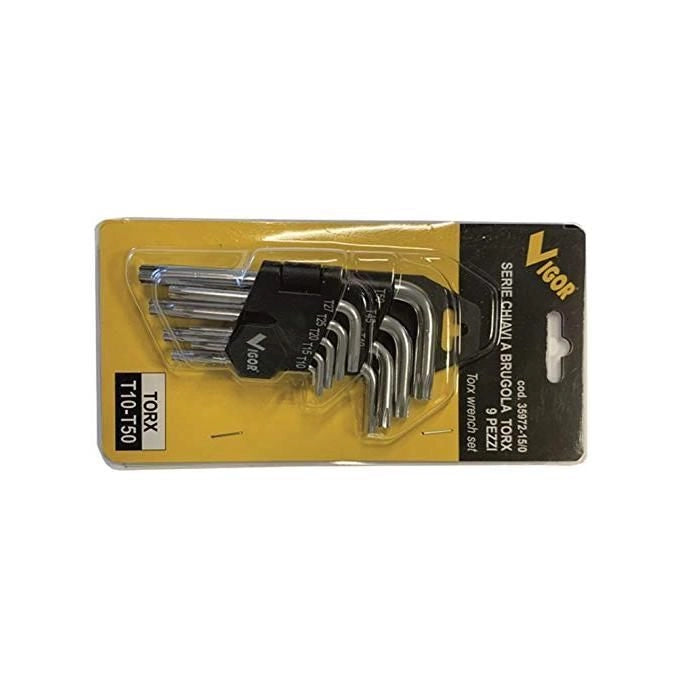 Vigor 3597215 Serie Chiavi a Brugola Torx 9 Pezzi con Foro Centrale Acciaio Cromo Vanadio T10 T15 T20 T25 T27 T30 T40 T45 T50 con Supporto
