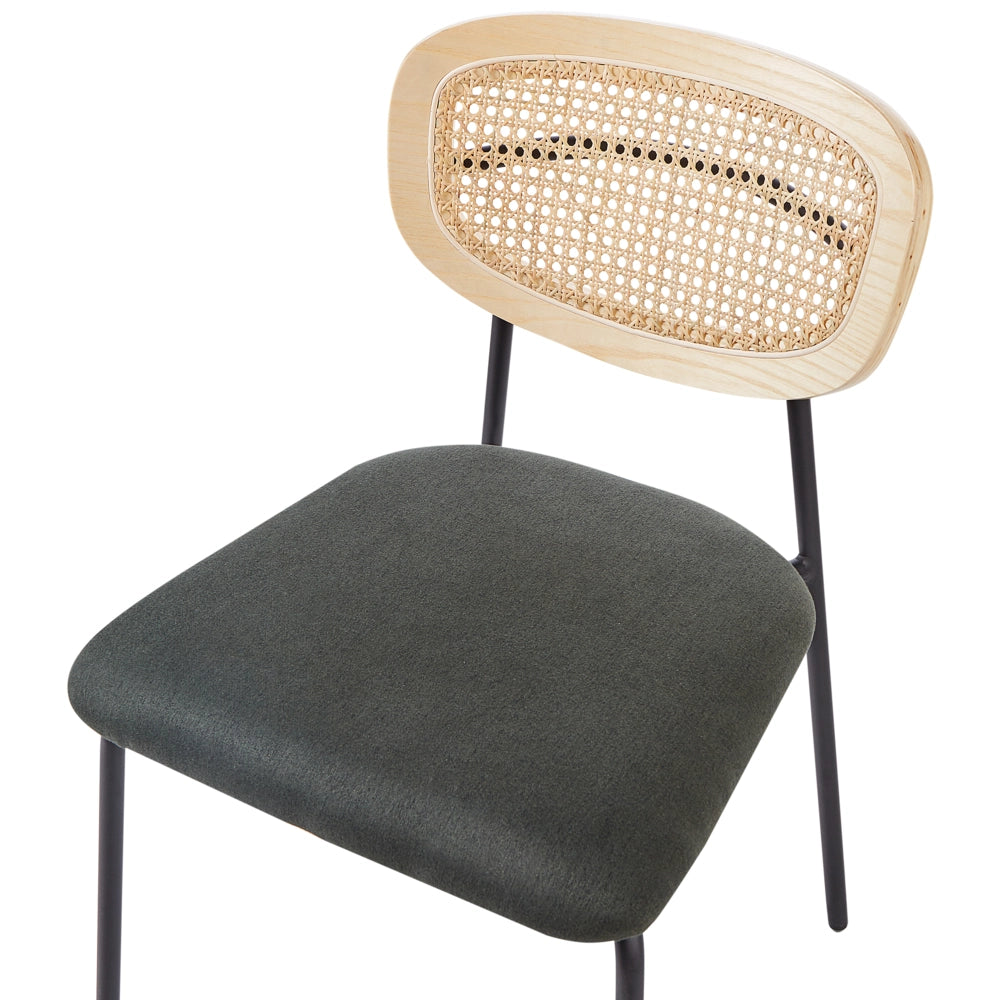 Set di 2 sedie da pranzo Rivestimento in poliestere verde scuro Schienale in rattan naturale a treccia viennese Gambe in metallo nero Sgabelli senza braccioli