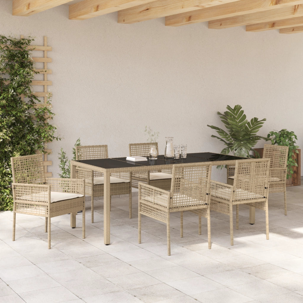 Set da pranzo da giardino 7 pezzi con cuscini beige in polyrattan