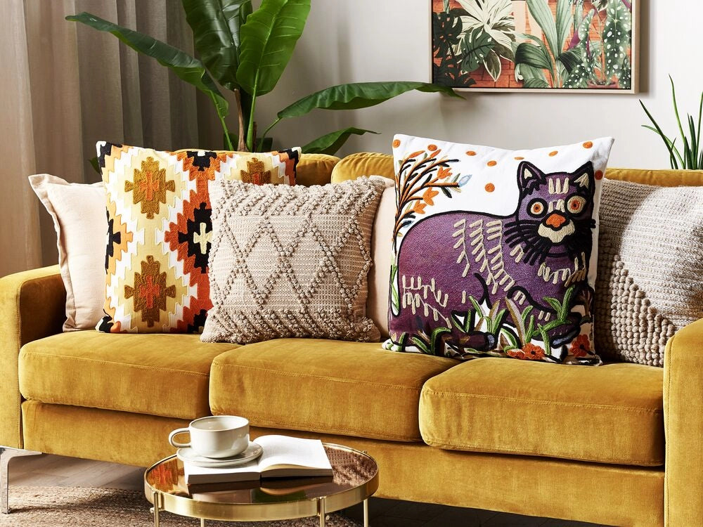 Cuscino decorativo multicolore in cotone 50 x 50 cm motivo gatto ricamato a mano sfoderabile imbottito in stile boho