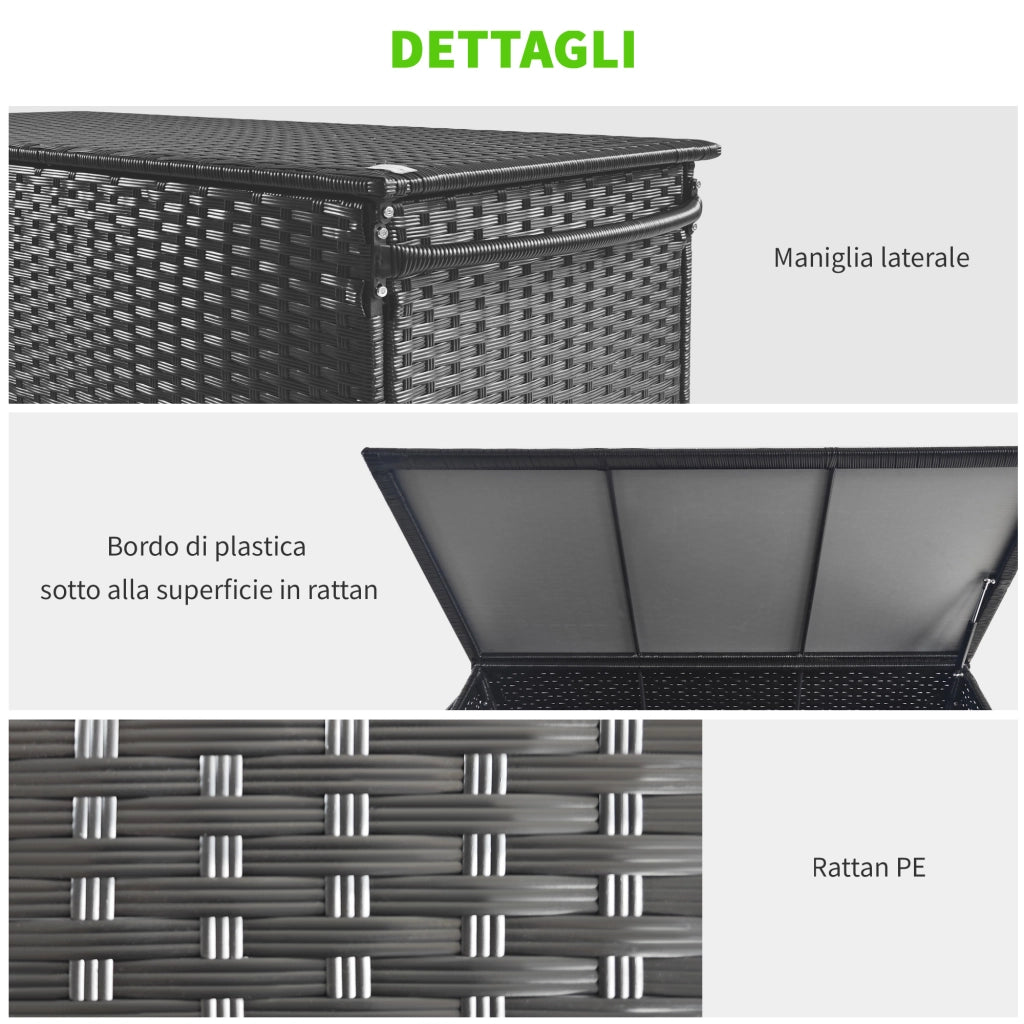 Baule da Giardino in Rattan PE con Ruote e Maniglia Laterale, 121x57x67cm, Nero