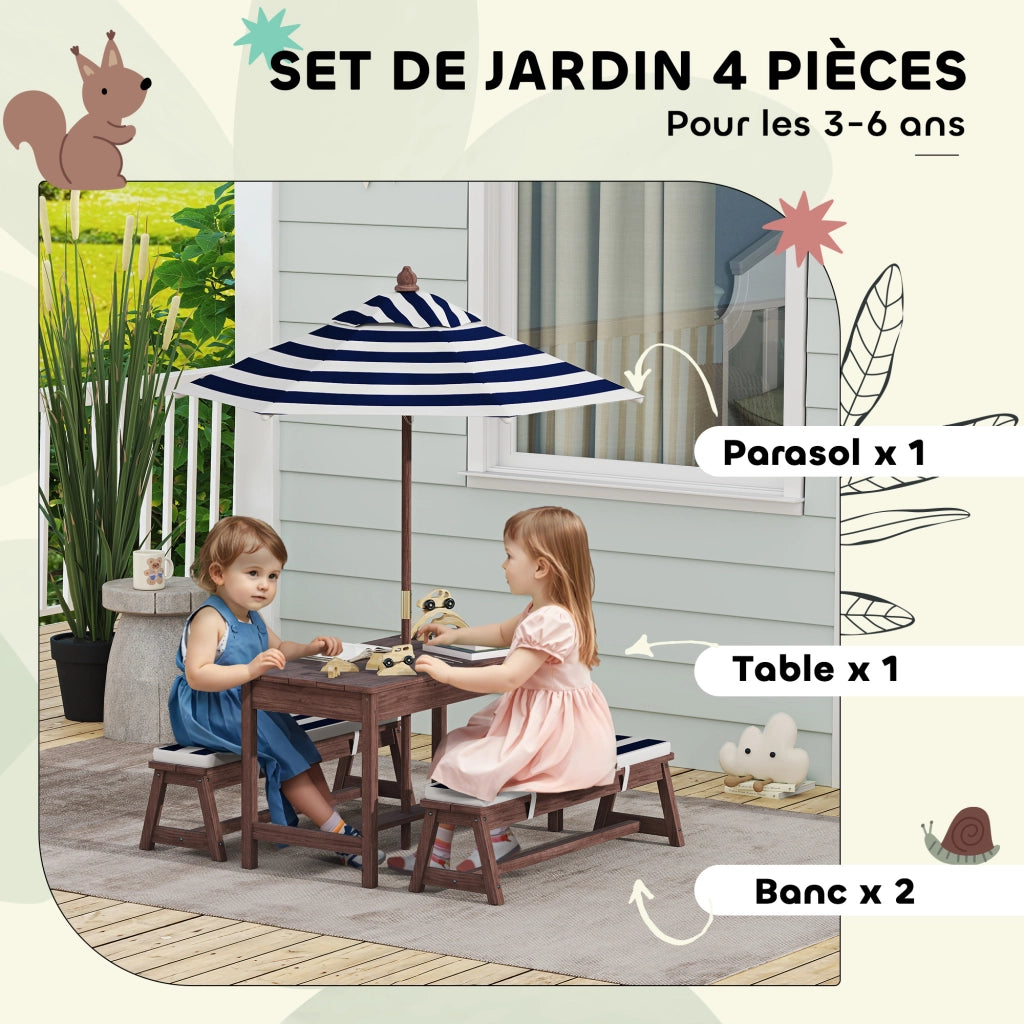 Set Tavolo e Panche da Giardino per Bambini in Legno di Abete con Ombrellone 120 cm e Cuscini a Righe Bianco e Blu Navy Robusto