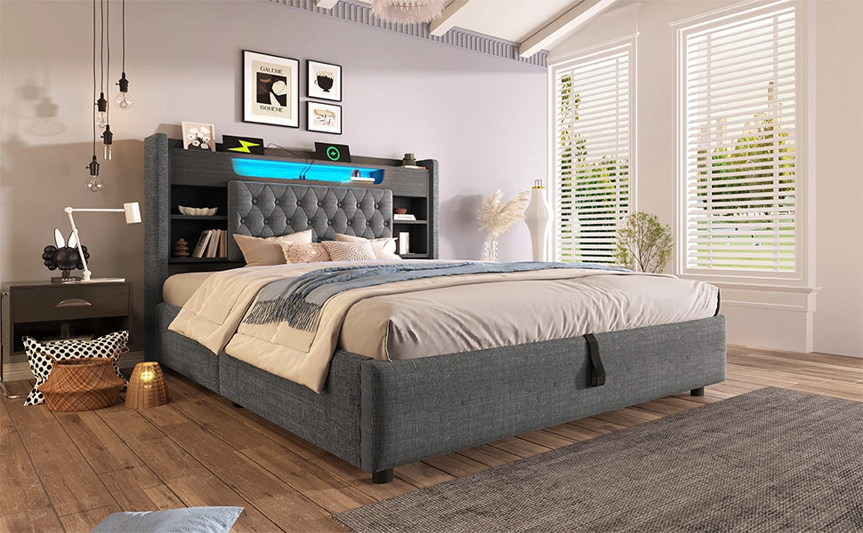 Letto contenitore 160 × 200 cm con illuminazione LED, USB e Type-C, testiera con ripiani, senza materasso, grigio