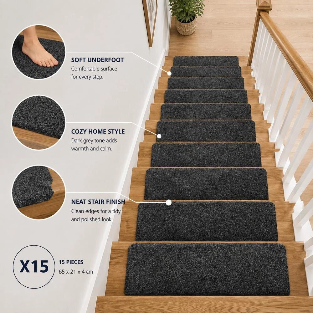 Self-adhesive Stair Treads, 15 Pieces, 65x21x4 Cm, Grey, Rectangular Border