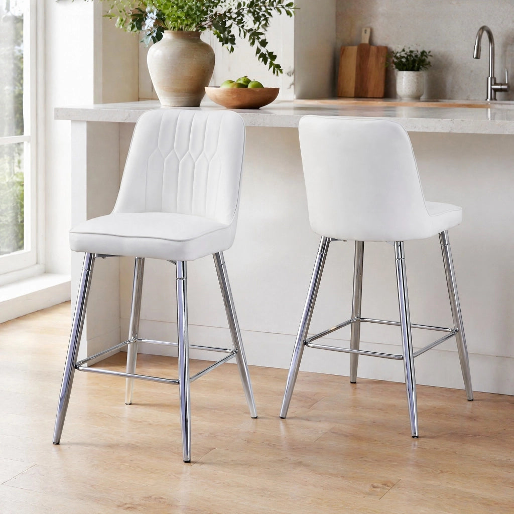 Sgabello da Bar 2 Pezzi con Poggiapiedi, Sedia da Bar, Seduta Ergonomica, in Metallo e Pelle PU, Bianco e Argento