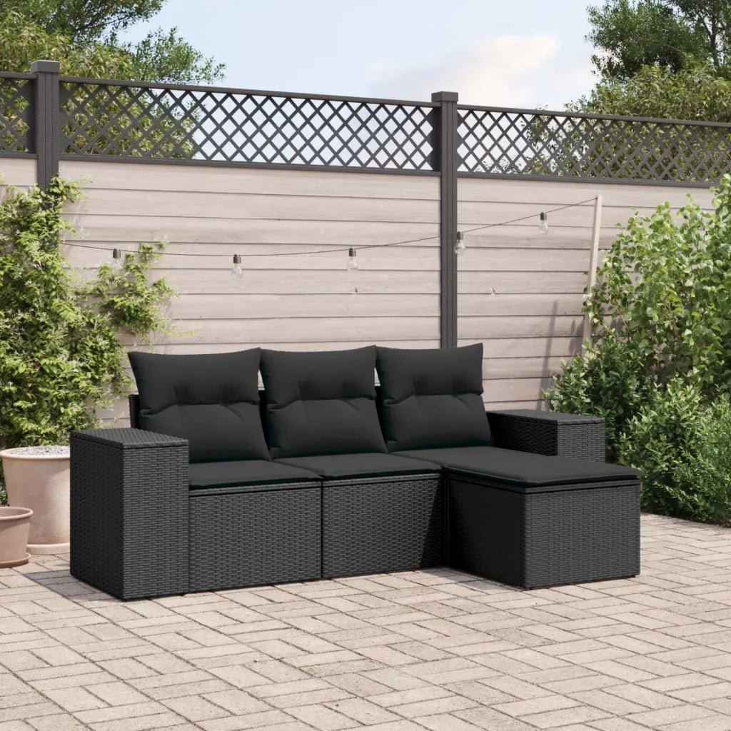 Set Divani da Giardino 4 pz | Set Salotto da Giardino con Cuscini Nero in Polyrattan