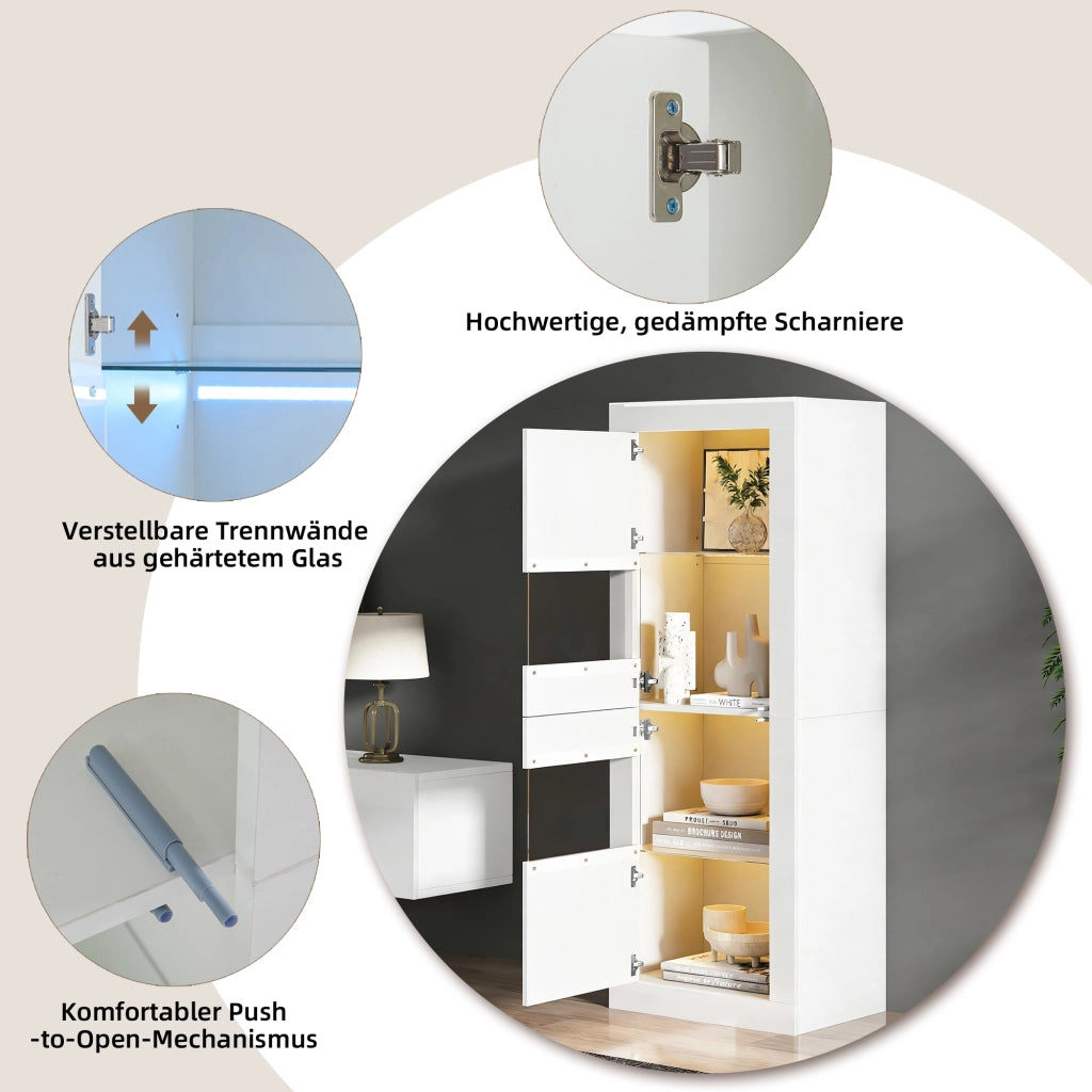 Vetrina con LED e 2 ante, 3 ripiani in vetro regolabili e 4 vani, per soggiorno e cucina, bianco, 61 × 42 × 162 cm