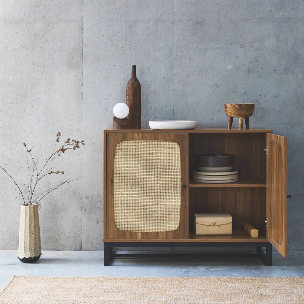 Credenza a 2 ante in canna e legno, 100cm, marrone naturale