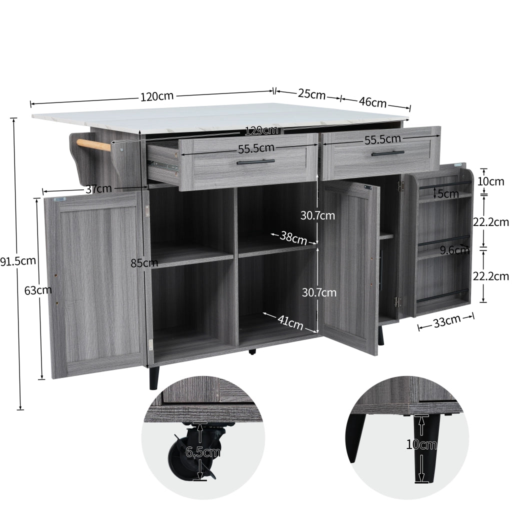 Isola da Cucina Mobile 129x46/71x91;5 cm Grigio con Piano Effetto Marmo; 2 Cassetti; Ripiani e Ruote