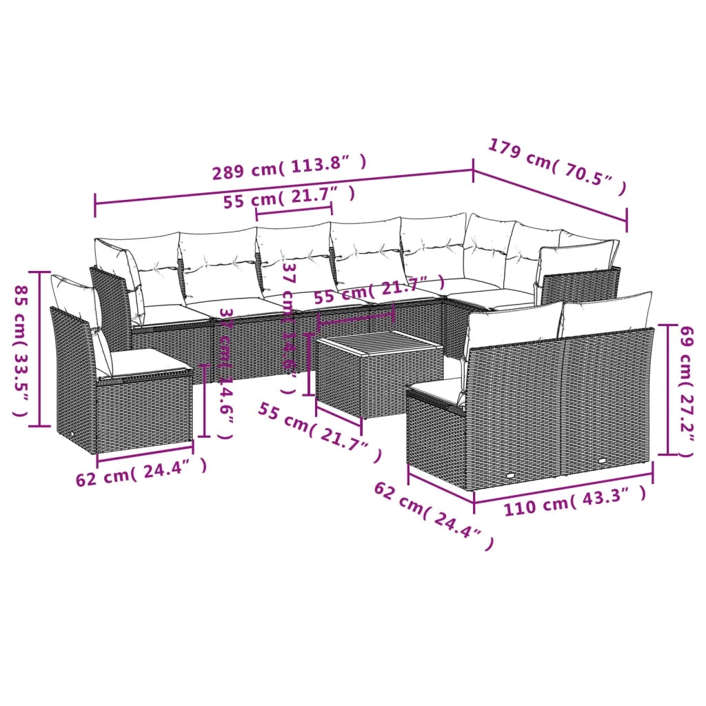 Set Divani da Giardino 11 pz con Cuscini in Polyrattan Nero 3223697