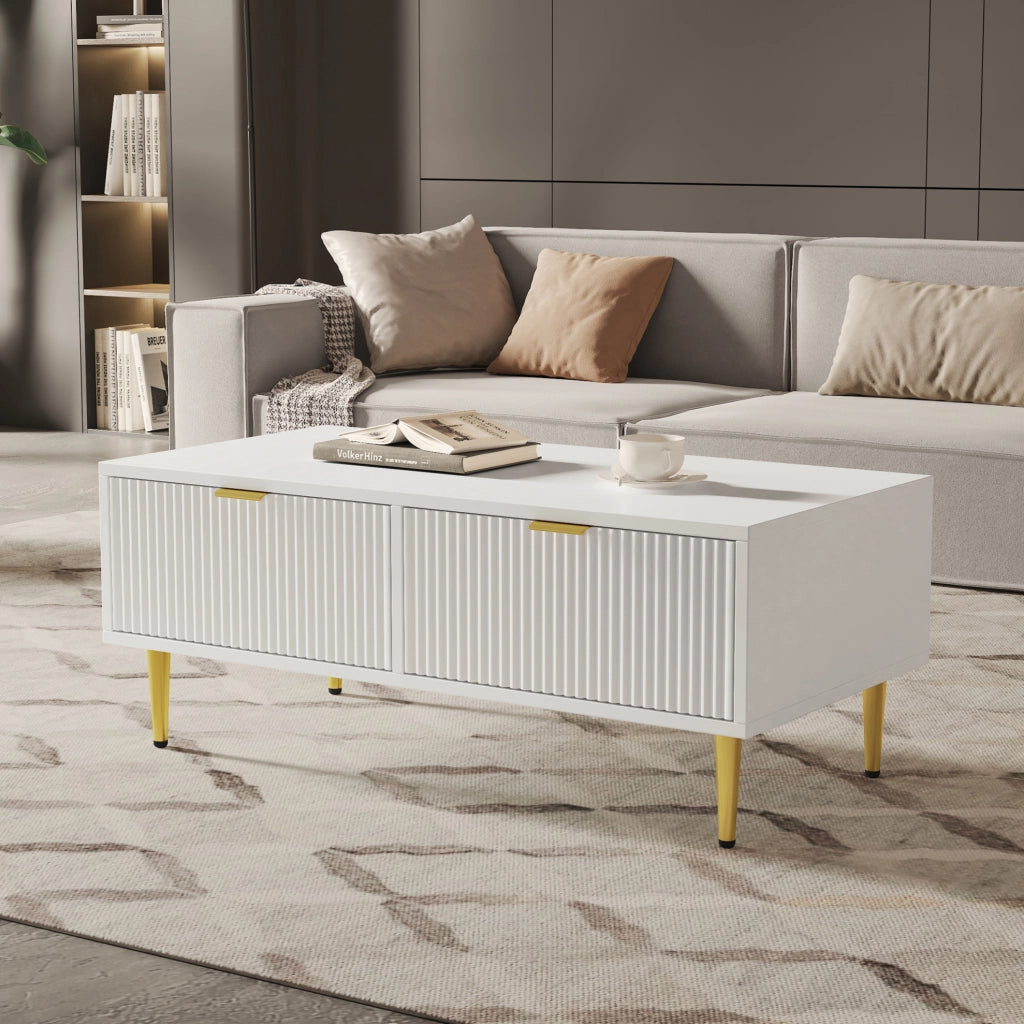 Tavolino da caffè moderno 100x50x40 cm con 2 cassetti in MDF bianco e oro