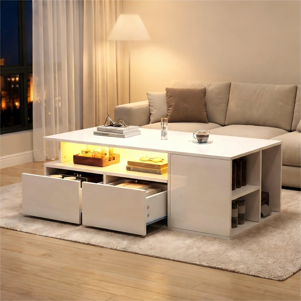 Tavolino da Caff¨¨ con LED e Cassetti ¨C MINIMAL ¨C Bianco, 100x50x35
