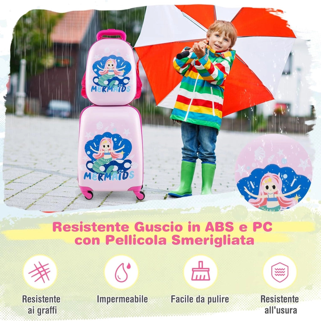 Set di Valigia per Bambini, 16" Valigia+ 12" Zaino, 2 Pezzi, con Ruote Girevoli a 360° e Maniglia Retrattile, Ideale per Viaggiare in Modo Comodo e Divertente (Modello 25)