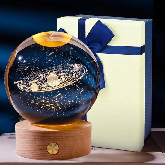 Lanterna a Sfera di Cristallo 3D - Sistema Solare in Vetro con Alimentazione USB - Sfera di Cristallo con LED con Base in Legno per Natale - Ora dell'Amore - San Valentino - Compleanno - Decorazione di Casa