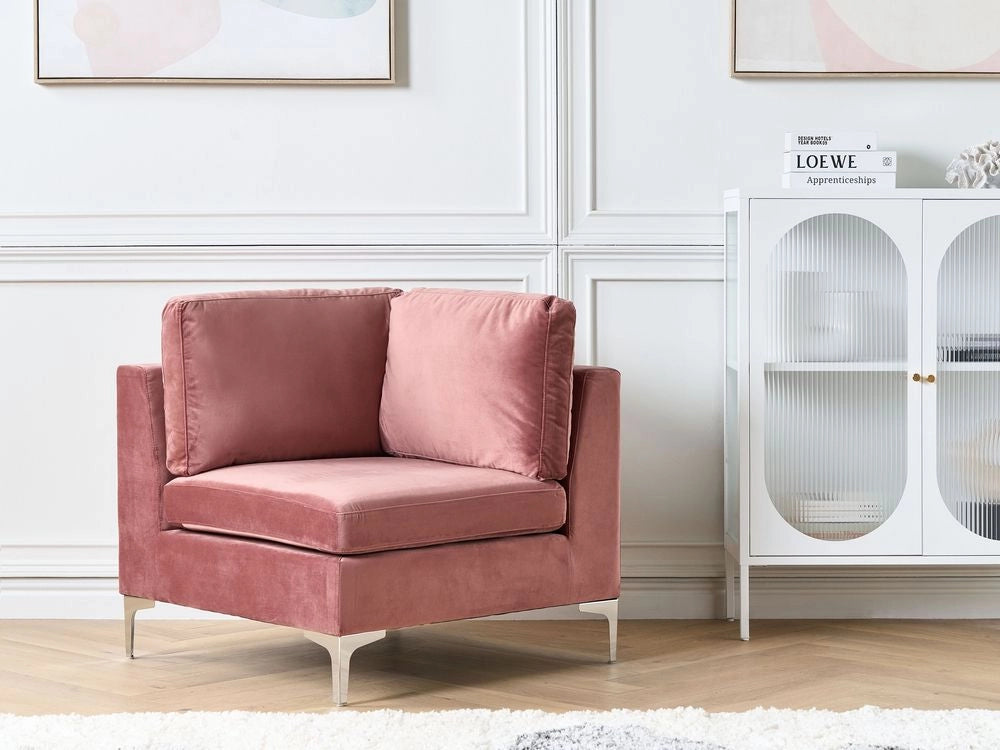 Divano ad angolo a 1 posto in velluto rosa Modulo con gambe in metallo argento Stile glamour