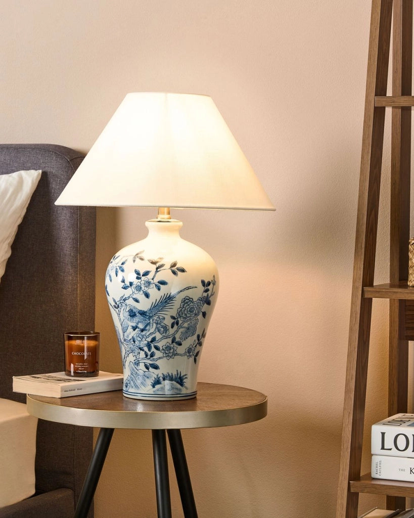 Lampada da tavolo classica con paralume in tessuto di lino base in porcellana bianco e blu 55 cm elegante retrò classico camera da letto soggiorno