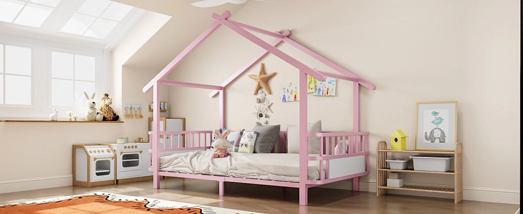 Letto per bambini 90 × 200 cm con barriera di sicurezza e tetto, senza materasso, in metallo, rosa