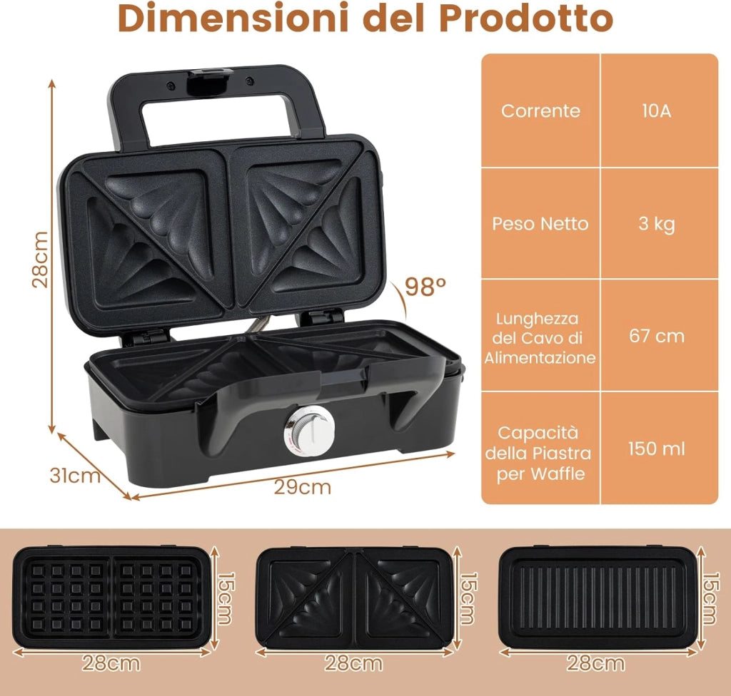 3 in 1 Tostapane Piastra, Griglia Elettrica Rimovibile 1200W, con Spie Indicatrici e Manico Cool Touch, Riscaldamento Bifacciale con 5 Livelli di Temperatura, Piastra Antiaderente, 29x31 cm