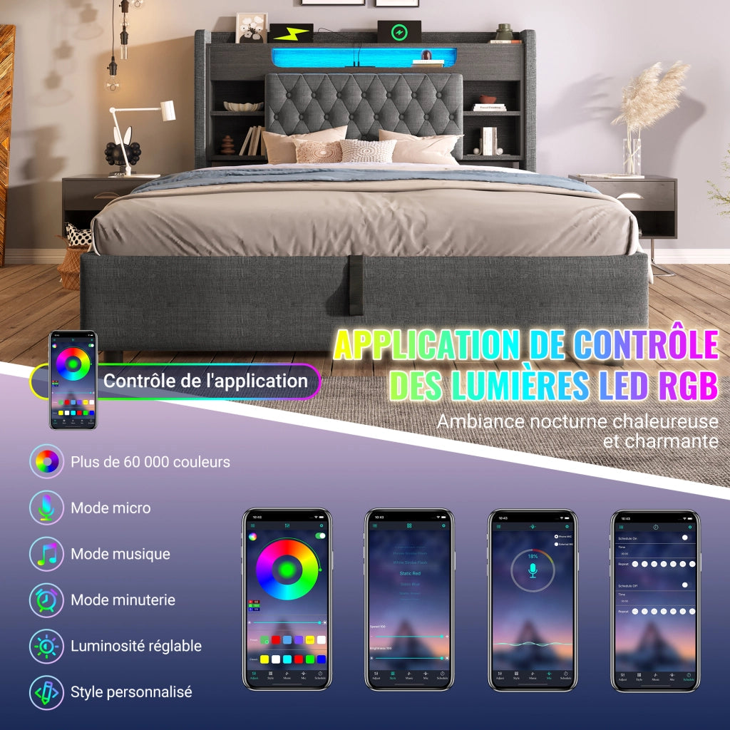 Litto contenitore 160 × 200 cm 2 posti con USB, Type-C e LED, senza materasso, in lino, grigio