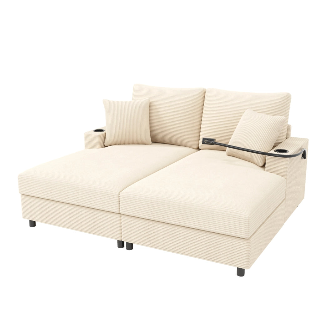 Divano letto 2 posti 163x140x82 cm in tessuto beige con USB e portabicchieri