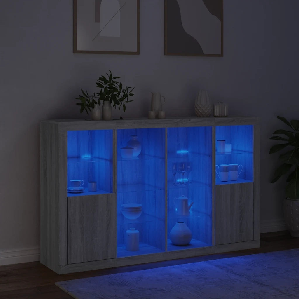 Credenze con Luci LED 3 pz Grigio Sonoma in Legno Multistrato 3209140
