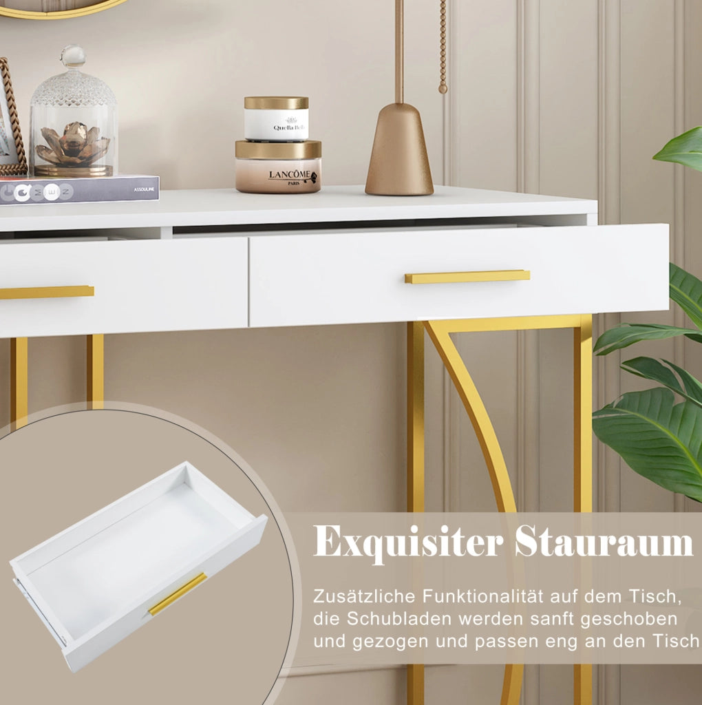 Tavolo consolle bianco e oro con 2 cassetti, metallo e piano in MDF, 110x32x85 cm