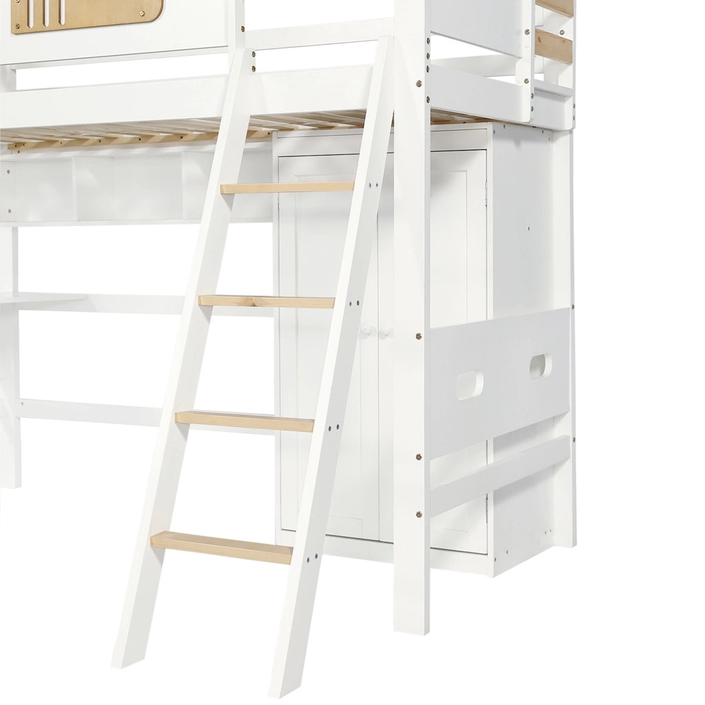 Letto a castello per bambini 90x200 cm con scrivania, armadio, scaffali e scala