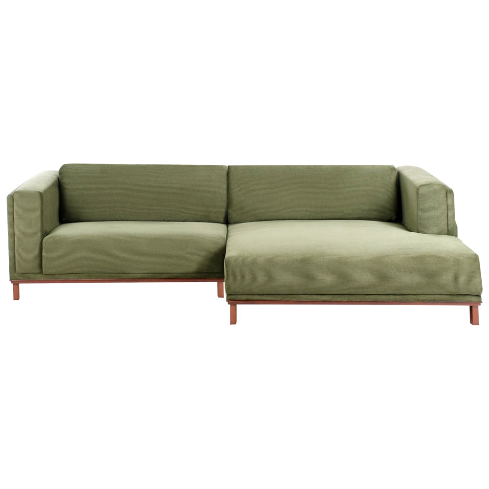 Divano angolare a sinistra Rivestimento velluto a coste verde Gambe in legno Spesso imbottito Mobili da salotto in stile moderno