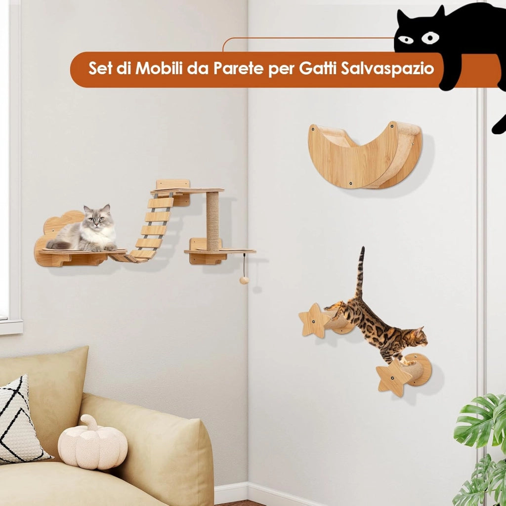 Mobili da Parete per Gatti da 6 Pezzi, Mensole per Gatti a Muro con Amaca, Ponte, Albero a 2 Livelli, Piattaforme, Gradini, Tiragraffi e Gioco Pensile, Arrampicatore da Interno (Modello 3)