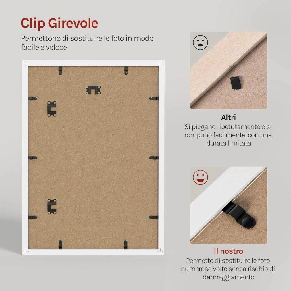 Set di 5 Cornici 40x60 cm con Passepartout, Portafoto in Orizzontale o Verticale, da Parete o Tavolo, in Legno MDF, Bianco