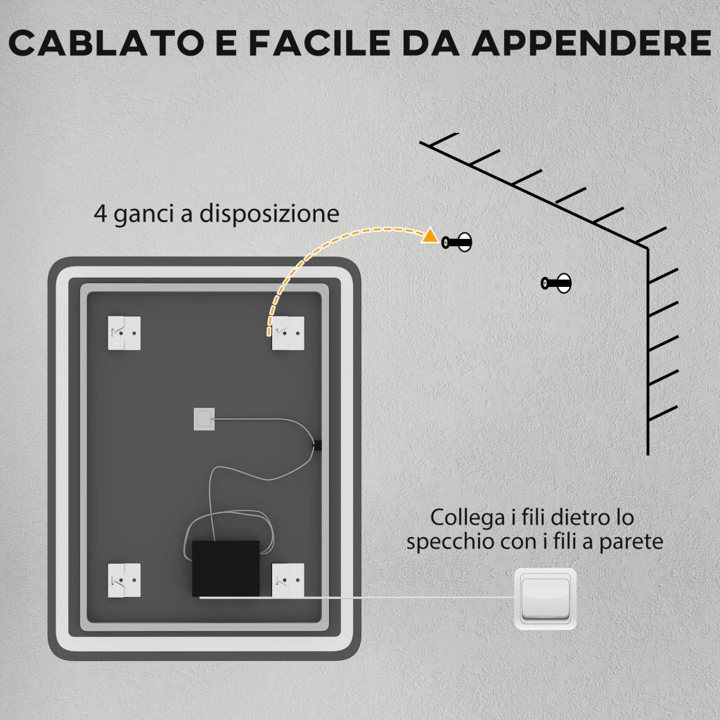 Specchio Bagno 70x90 cm LED Touch con Luce Dimmerabile a 3 Temperature e Antiappannamento