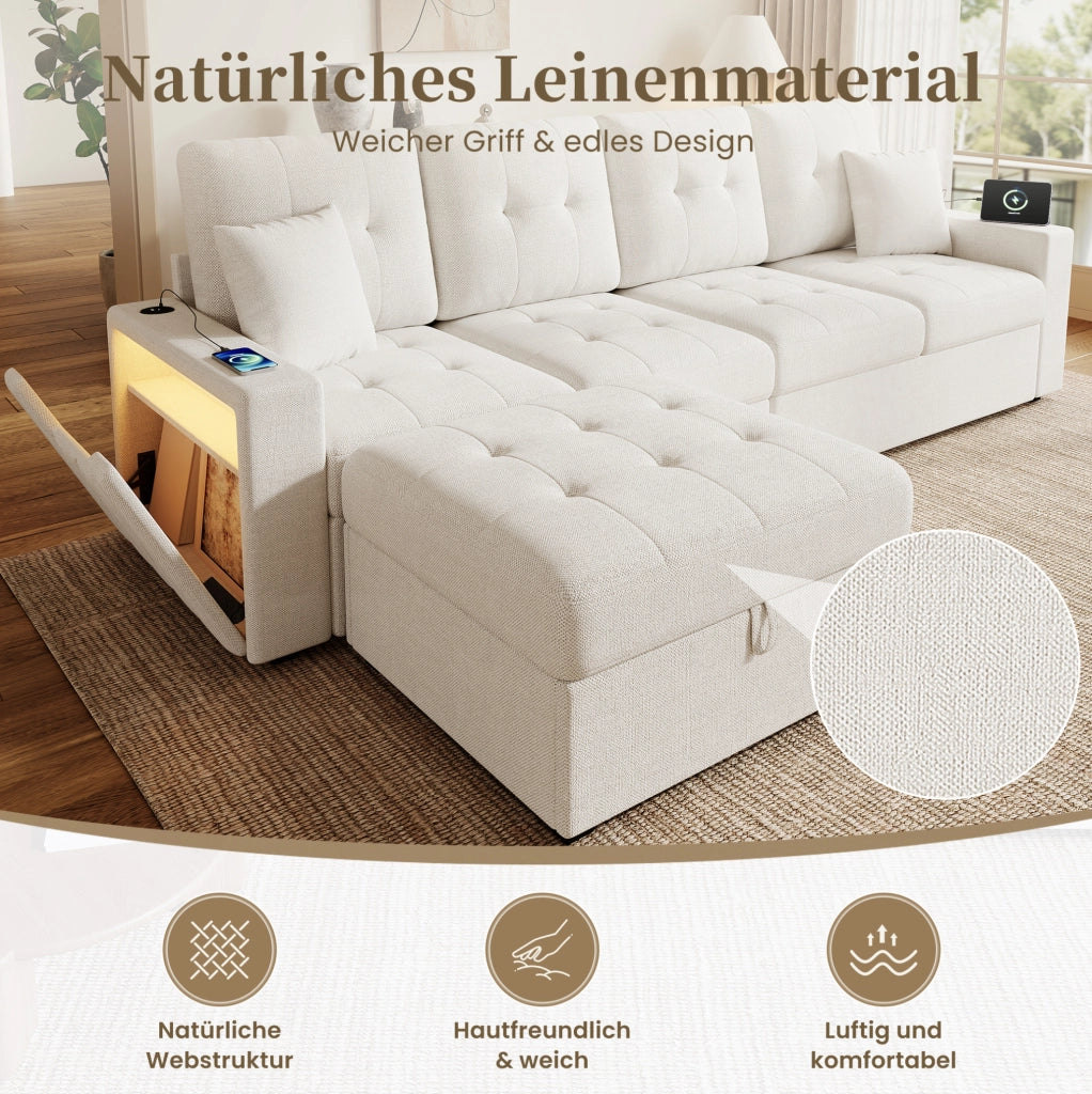 Divano angolare modulare a L con pouf contenitore; LED; USB e Type-C; beige; 253 cm
