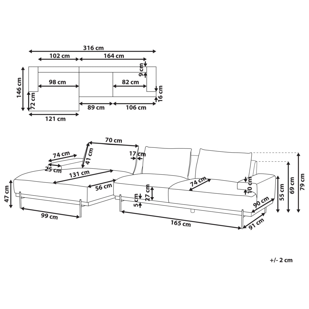 Divano in tessuto ad angolo retto Marrone Chiaro Tessuto Gambe in metallo 3 posti Stile minimalista