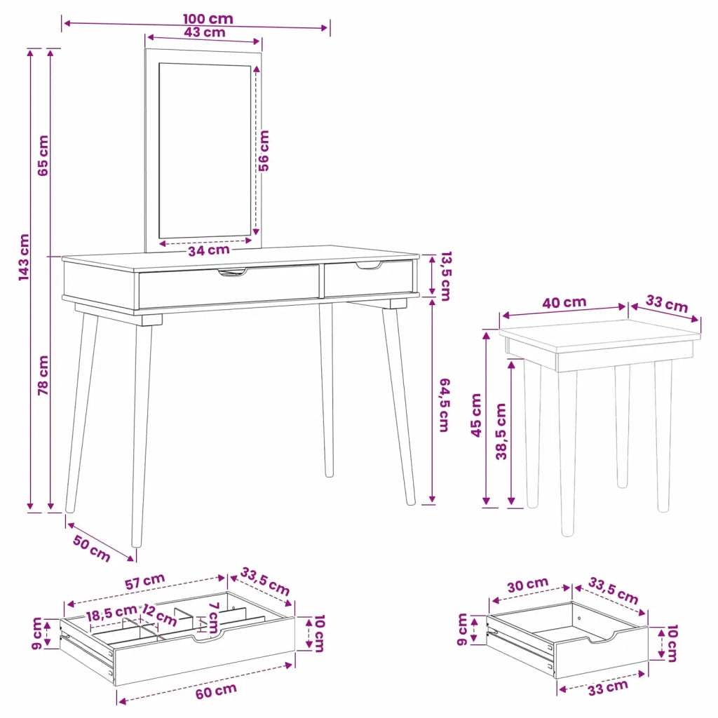 Set Tavolo da Trucco FAUSKE 3 pcs Bianco 100 x 50 x 143 cm 3438589