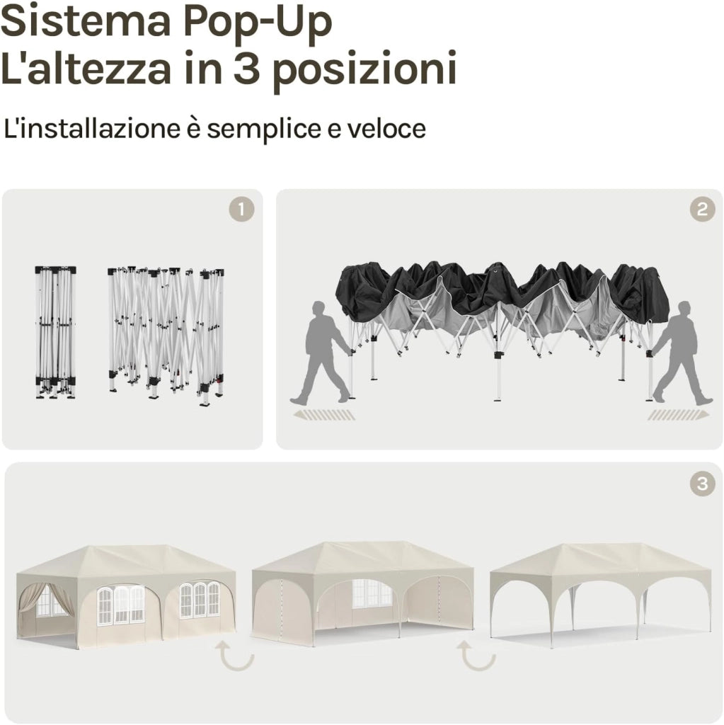 Gazebo Pieghevole da Giardino, Gazebo Idrorepellente Pop Up da 3x6m Pannelli Laterali, Tendone Esterno, Altezza Regolabile, Protezione UV, con Custodia Beige