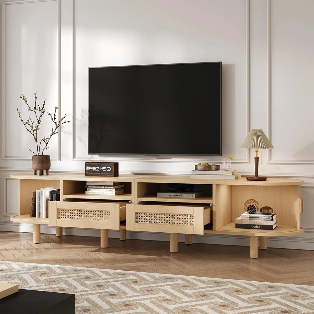 Mobile TV Ovale 170x40x40cm - Xylo - 2 Cassetti in Vimini, 2 Ante Scorrevoli, Legno