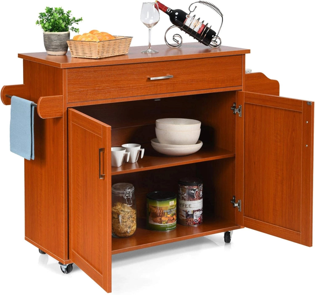Carrello da Cucina, Credenza Mobile con Cassetto, Anta Doppia, Portaspezie e Portasciugamano, Ripiani Regolabili, Ruote con Freni, Portata di 50 kg, 116x40x85 cm, 4 Colori (marrone)