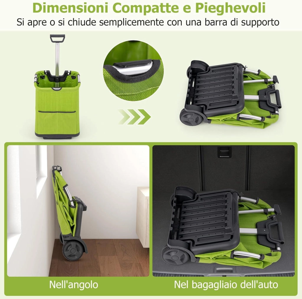 Carrello Spesa Pieghevole in Alluminio, Trolley Spesa con Ruote, Tasche Multiple e Manico Telescopico Regolabile, Capacità 50L, Caricabile fino a 35 kg (Verde)
