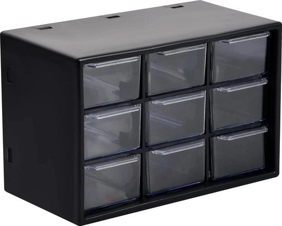 Cassetto di archiviazione con 9 ante scorrevoli in plastica - cassettiera - 18 x 12 x 10 cm - magazzino - piccoli componenti - gioielli - strumenti - viti - fissaggio al muro - cassettiera bianca