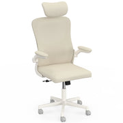IDMarket - Sedia da ufficio ergonomica JAMES in tessuto traspirante e poggiatesta con rotelle beige e bianche